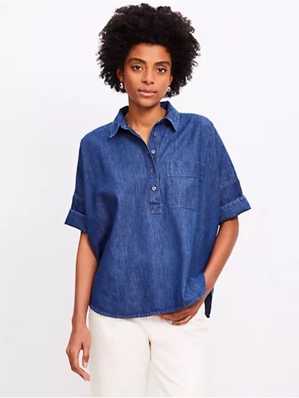 LOFT Chambray Denim Oversized Short Sleeve Popover Shirt L Coastal Minimalist